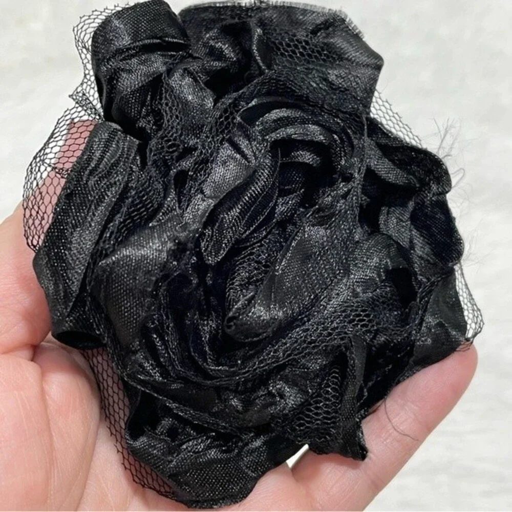 Black Satin Ribbon and Tulle Flower Rose Hair Bow Clips